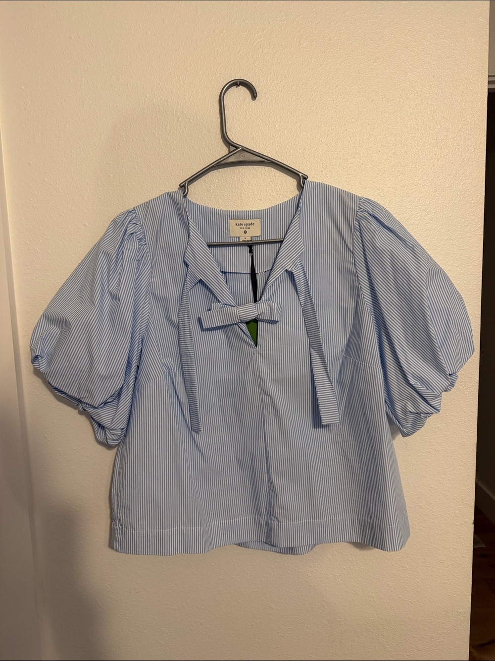 kate spade Light Blue and White Striped Puff Sleeve Bow Blouse